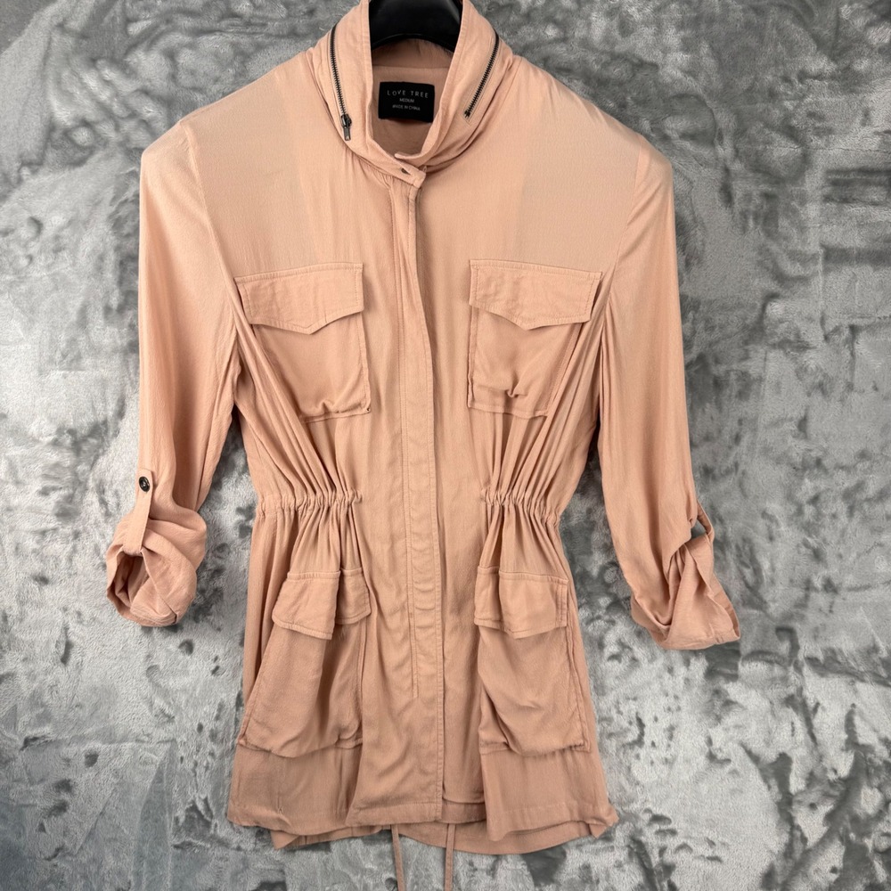 Love Tree Womens Utility Jacket Peach Cinched Waist Roll Tab Sleeve Medium